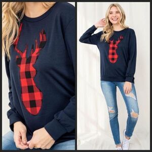 🆕Just In-Plus Size-French terry navy w/plaid Reindeer long sleeve top